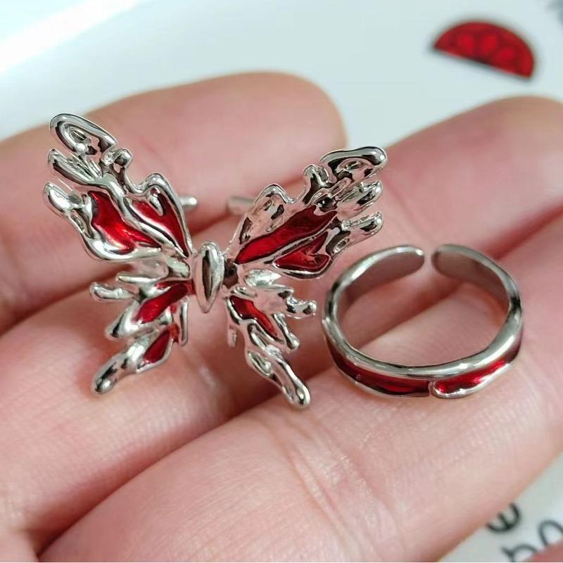 Vintage Red Butterfly Rings For Women Goth Punk Irregular Open Rings Set Y2K Halloween Accessories For Women Kpop Jewelry