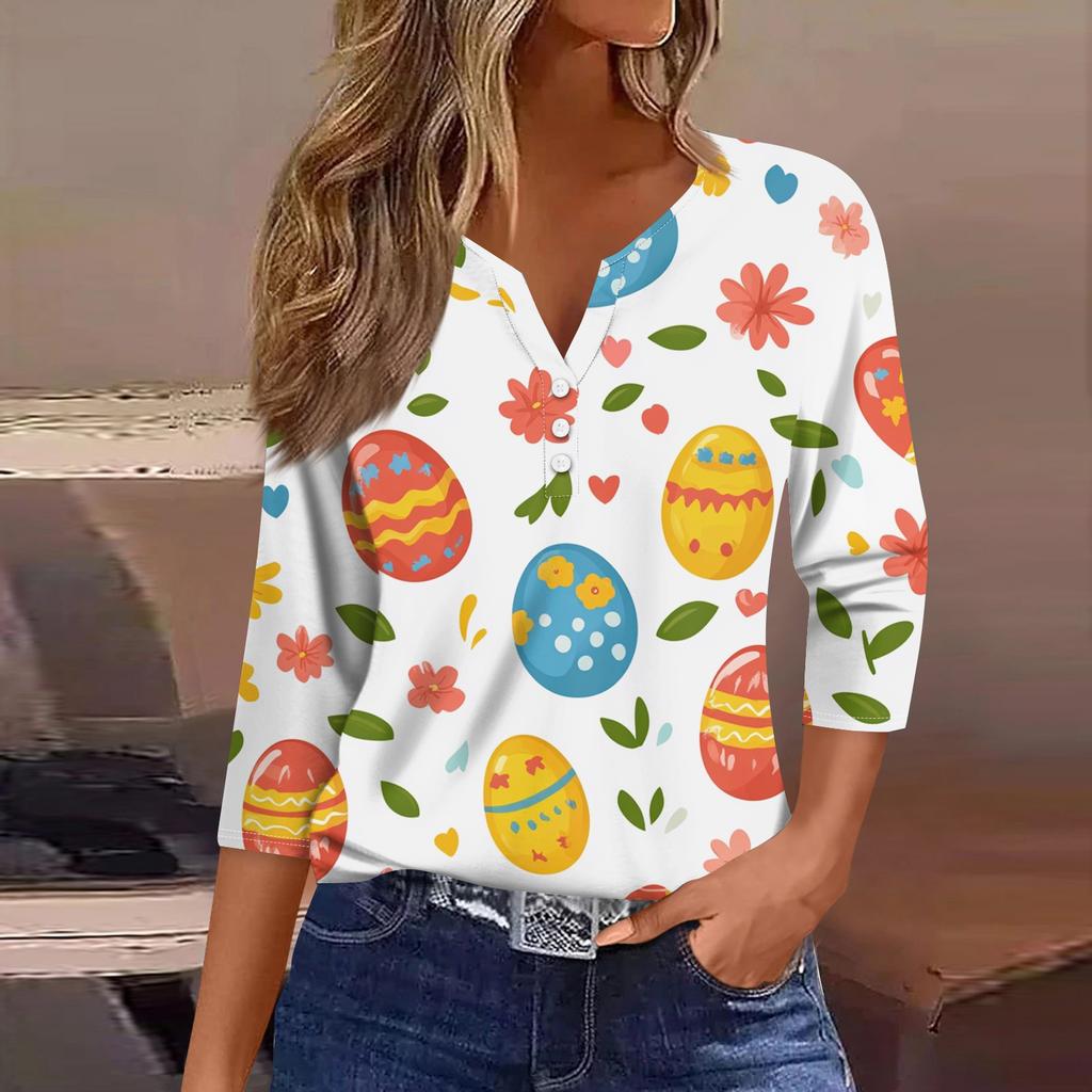 Жен. Футболка Футболка С принтом Пуговицы Рукав 3/4 Повседневные Выходные Мода Классический V-образный вырез Обычный Топ