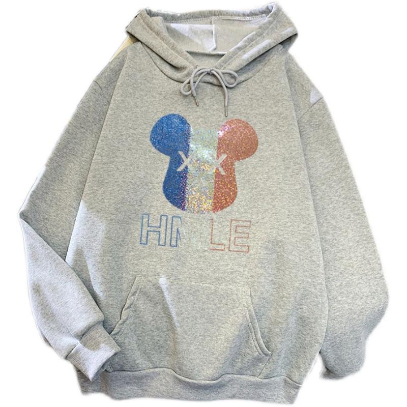 Зима-осень женская мода с мультяшным принтом и капюшоном, свободная бархатная теплая толстовка