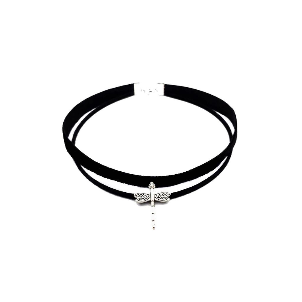 Женское колье-поводок из бархата и замши серебряного цвета со стрекозой и черной замшей