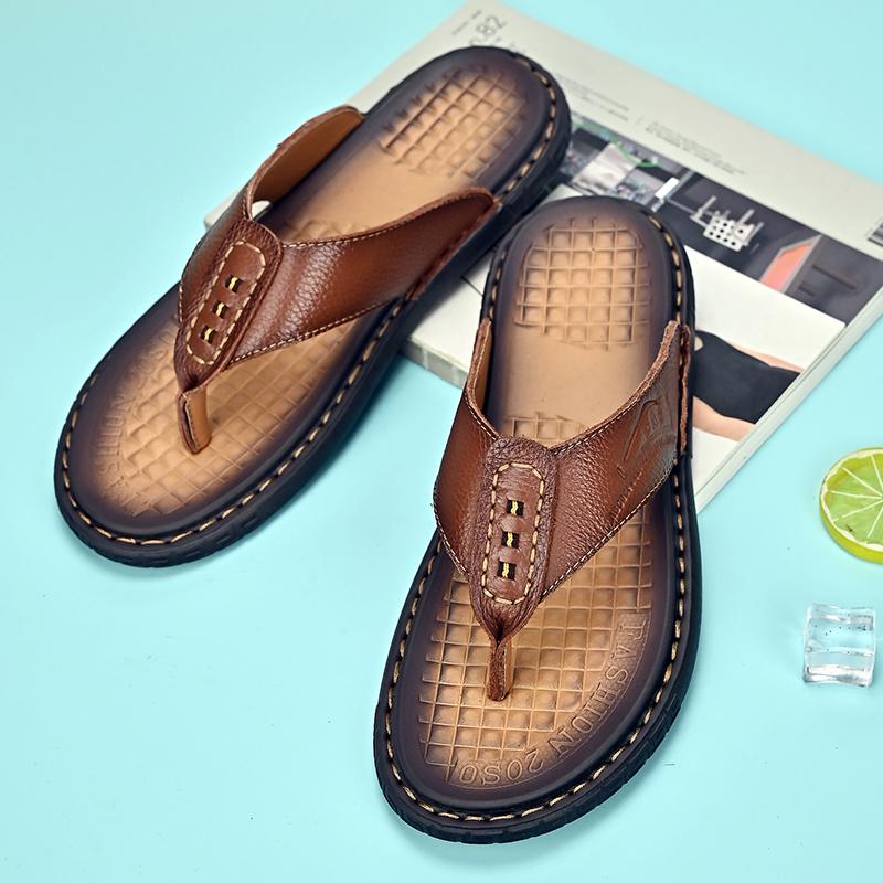 Новое поступление, летние мужские шлепанцы из натуральной кожи, противоскользящие кожаные тапочки ручной работы