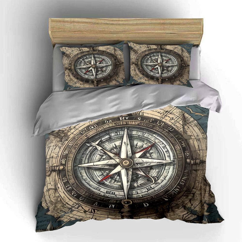 Vintage Nautical Compass Decor Set Soft Skin-Friendly Bedding Set Includes 1 Duvet Cover And 2 Pillowcase, Gift