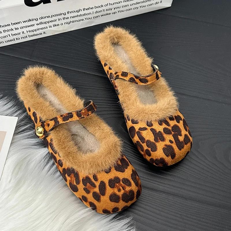 Fur Leopard Women Slippers Flats Casual Cotton Shoes Winter 2025 Trend Fashion Home Flip Flops Cozy Warm New Mujer Snow Botas