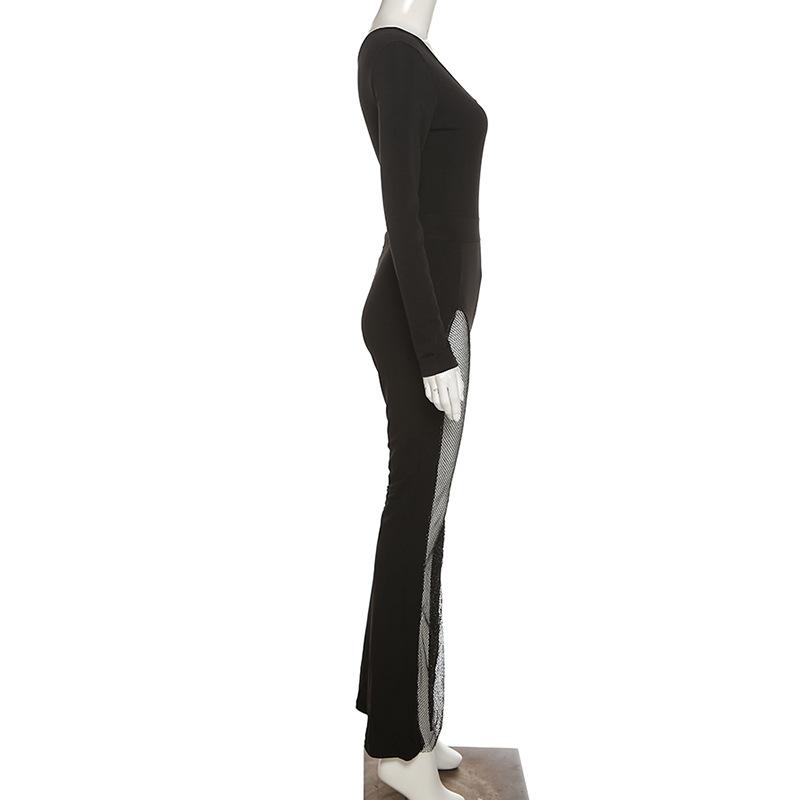 Sexy Mesh Patchwork One Shoulder Playsuits Women Elegant Solid Skinny Flare Pants Jumpsuit Fashion Lady Party Streetwear