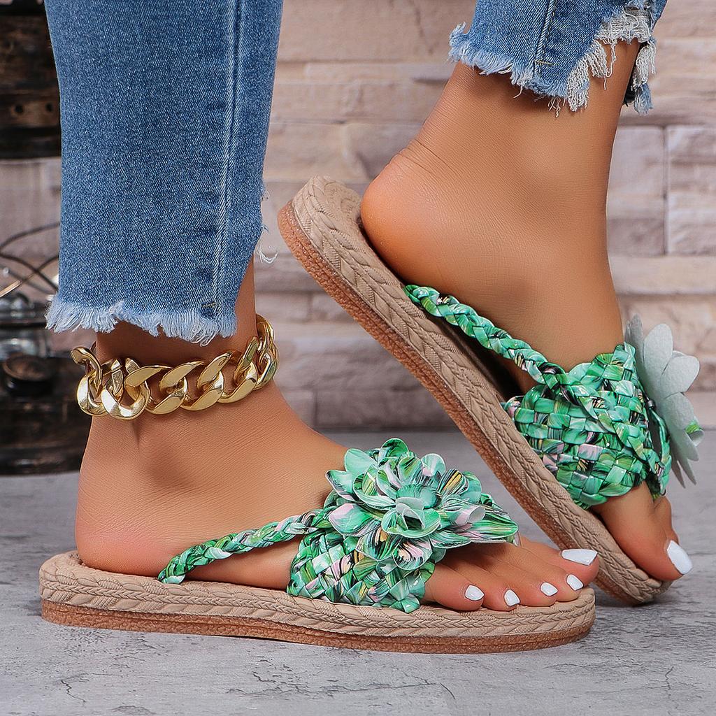 Женские тапочки, новые модные сандалии, повседневные плоские туфли для отдыха, плетеные туфли с цветочным узором, пляжные тапочки с креплением на носке, женские