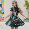 Girls Round Neck Flutter Short Sleeve A Line Flared Hem Printed Dress Black Green Gold