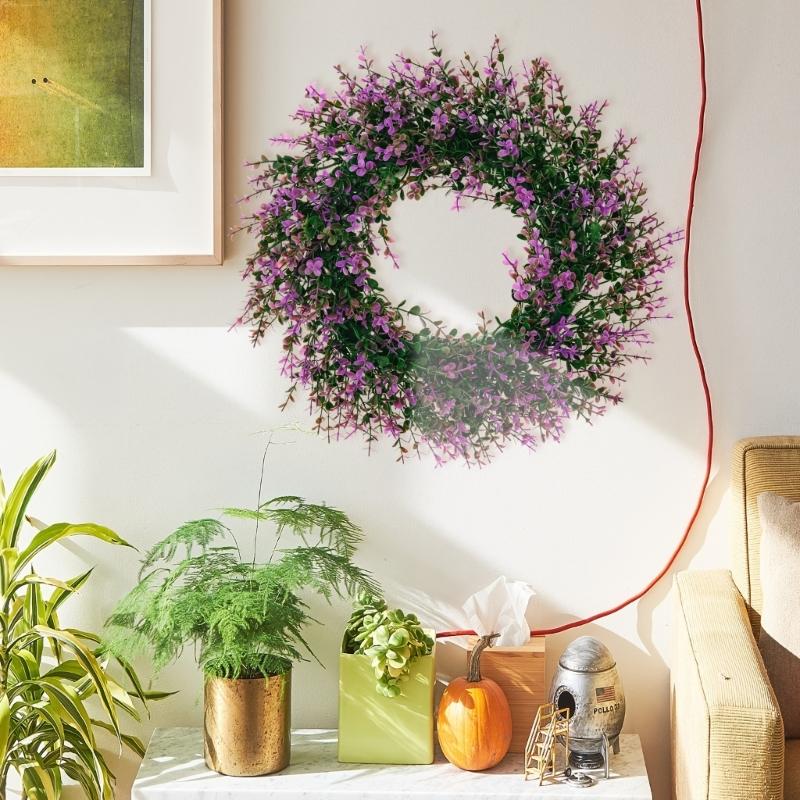 Artificial Spring Wreath PurpleFlower Wreath Eucalyptuses Flower Wreath for Front Door Wall Wedding Party Home