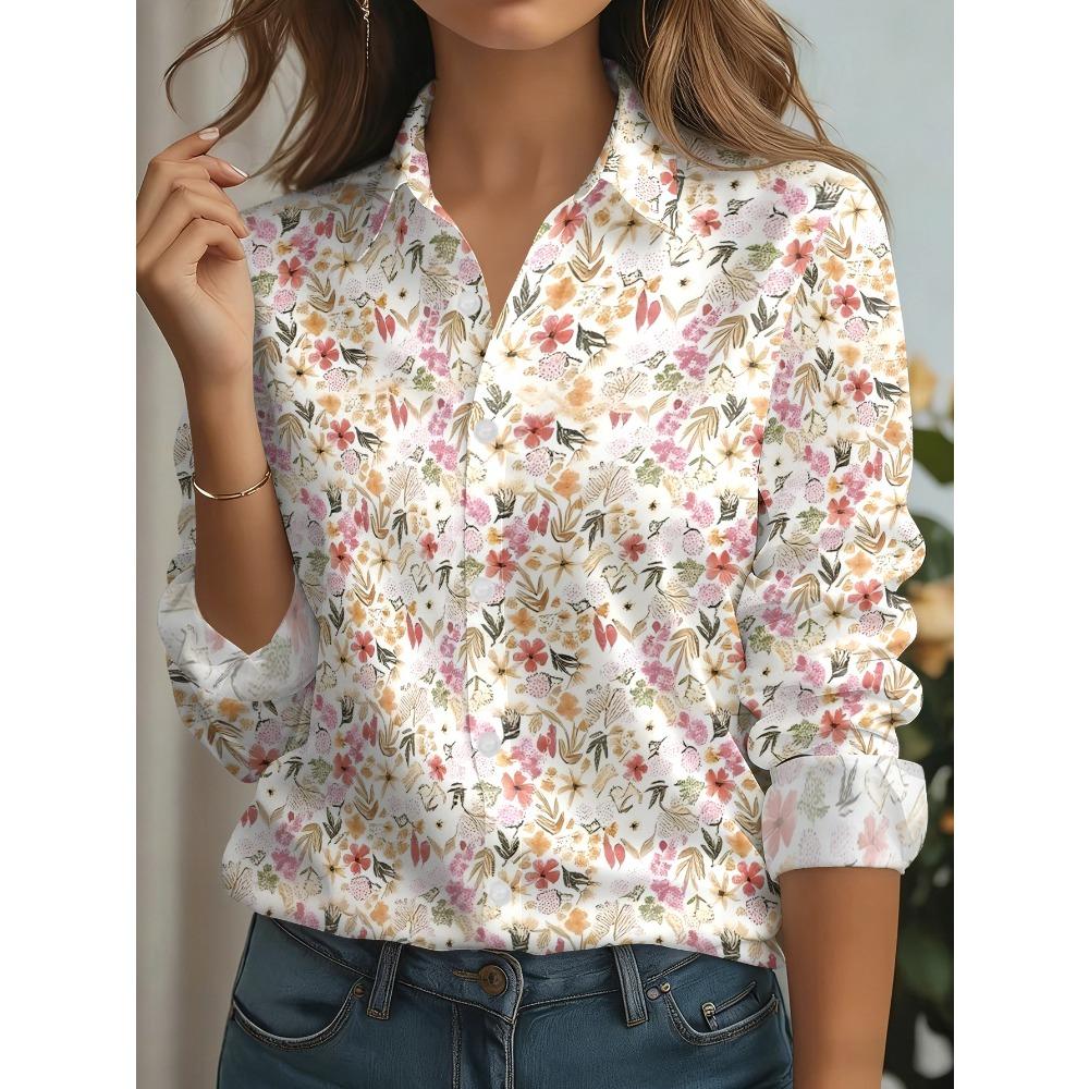 New fashion women's button-down shirt light base color covered with colorful flowers and leaf pattern print