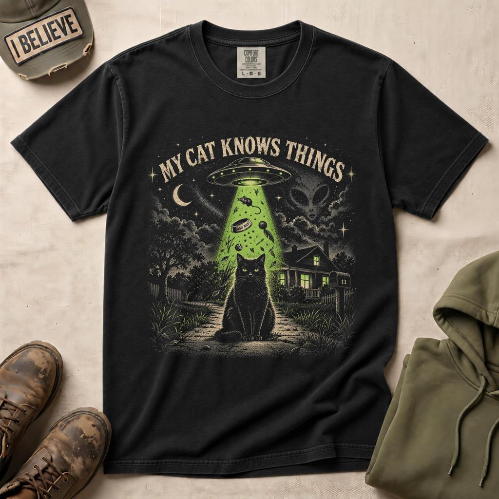 My Cat Knows Things T-Shirt, Alien UFO Graphic Tee, Funny Cat Abduction Shirt, Retro Sci Fi Cat Mom Gift, Vintage Spooky Aesthetic Clothing