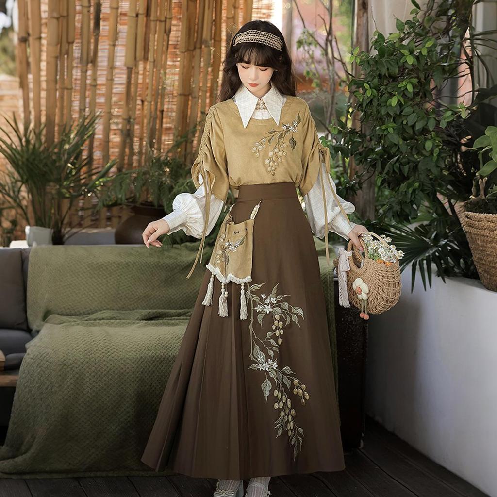 И Мэн Гэ Ханфу Женский Желтый Комплект Верхней Одежды и Юбки, Новый Китайский Стиль 9684