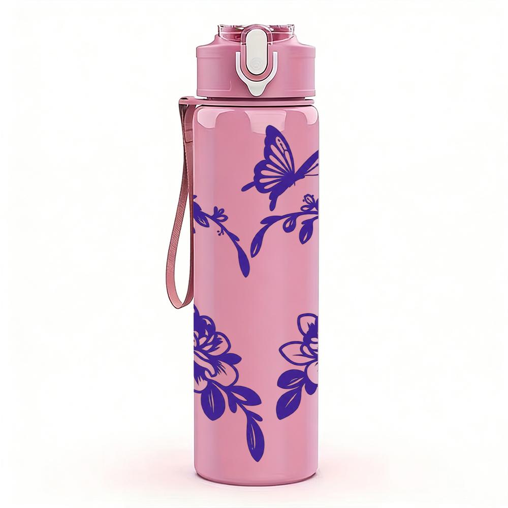 1PC Purple Floral Wreath Heart 750ml Color Plastic Sports Water Bottle Leakproof Flip Straw Lid Suitable for Sports Office Home Use