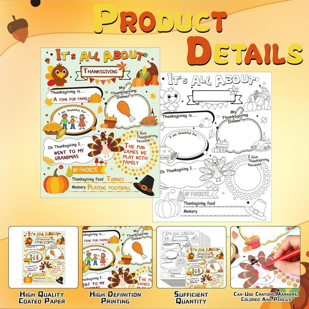 AmazingSpark 60 Pcs Thanksgiving Coloring Craft for Kids 13 x 11 Inch All About Thanksgiving Posters Storytelling to Color Paper Activities for