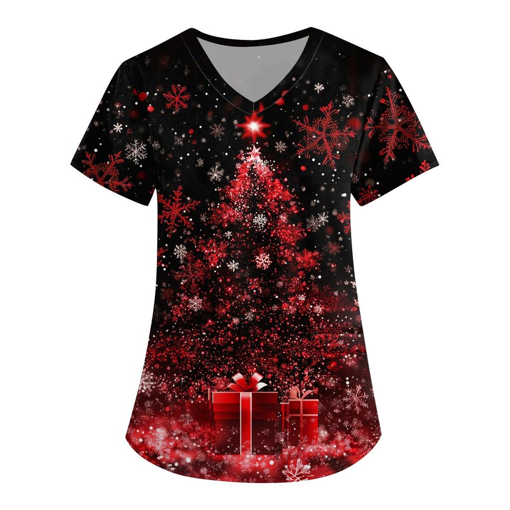 Женская симпатичная рабочая одежда с принтом, V-образным вырезом, двухслойными карманами, базовым коротким рукавом, пуловером на Рождество