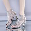Rhinestone Open Toe Strappy Roman Sandals Shoes Woman Trend Gold Silver Heels Women High-heeled Zip Sandalias De Mujer
