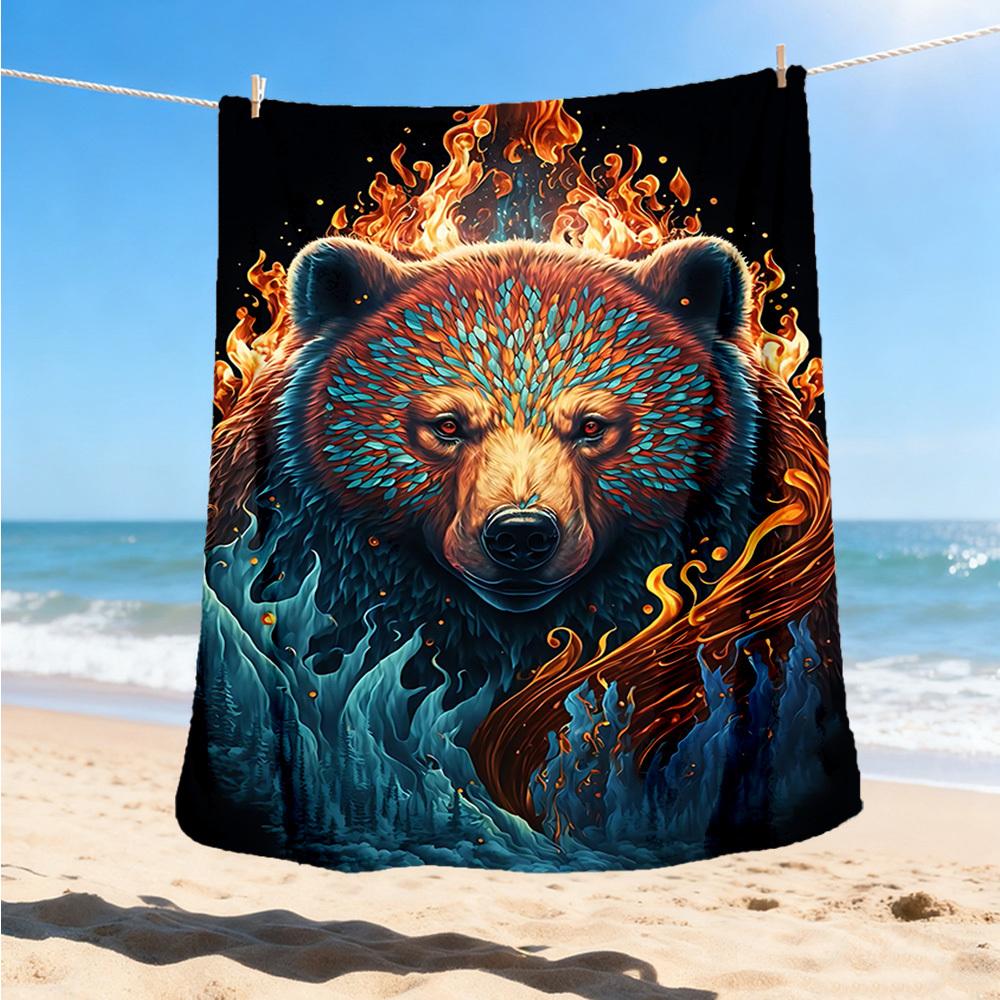 1pc Fire Bear Print Print Outdoor Blanket, Lightweight Polyester,