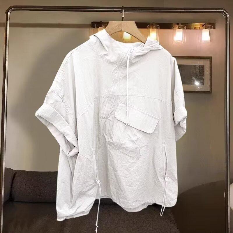 Мужская однотонная уличная толстовка с капюшоном на молнии с декоративным клапаном и карманом, свободный крой, короткие рукава, однотонная