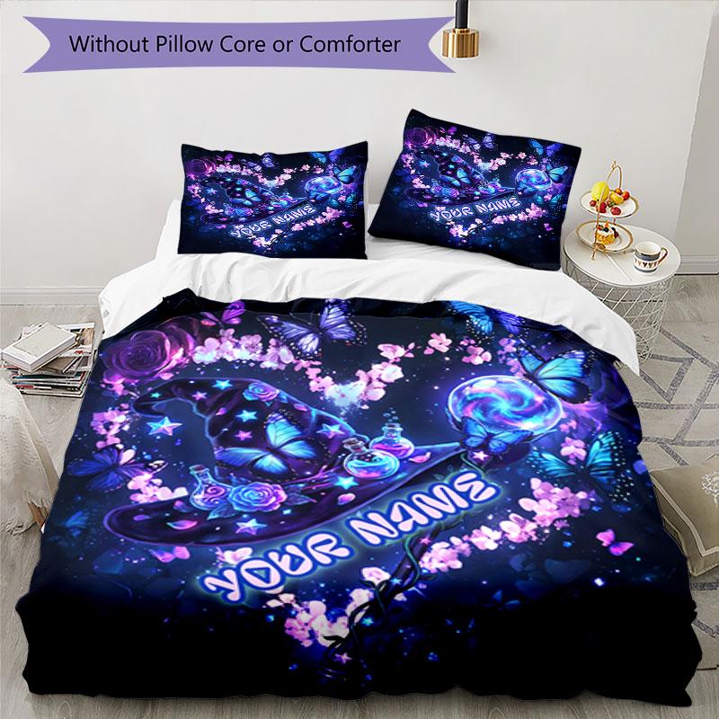 3pcs Custom Name Butterfly Dreams Purple Bedding Set Printed Bedding Set Duvet Cover Closure Includes 1 Duvet Cover & 2 Pillowcases Bedroom Decor