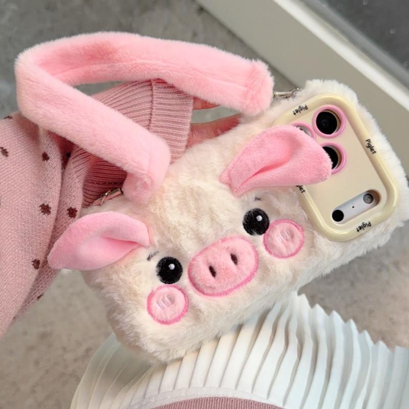 Case for 16 15 14 13 12 Pro max and SM Galaxy S25 21 22 23 24U ltra Plus A50S A35/A54 Cute 3D Pig Plush Winter Warm Furry Back Cover With Hand