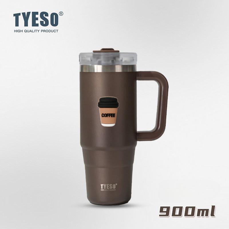 Tyeso 900ML Big Capacity Vacuum Cup With Handle Straw Stainless Steel Car Mug Thermal Iced Travel Insulated Tumbler Bottle with Coffee Sticker