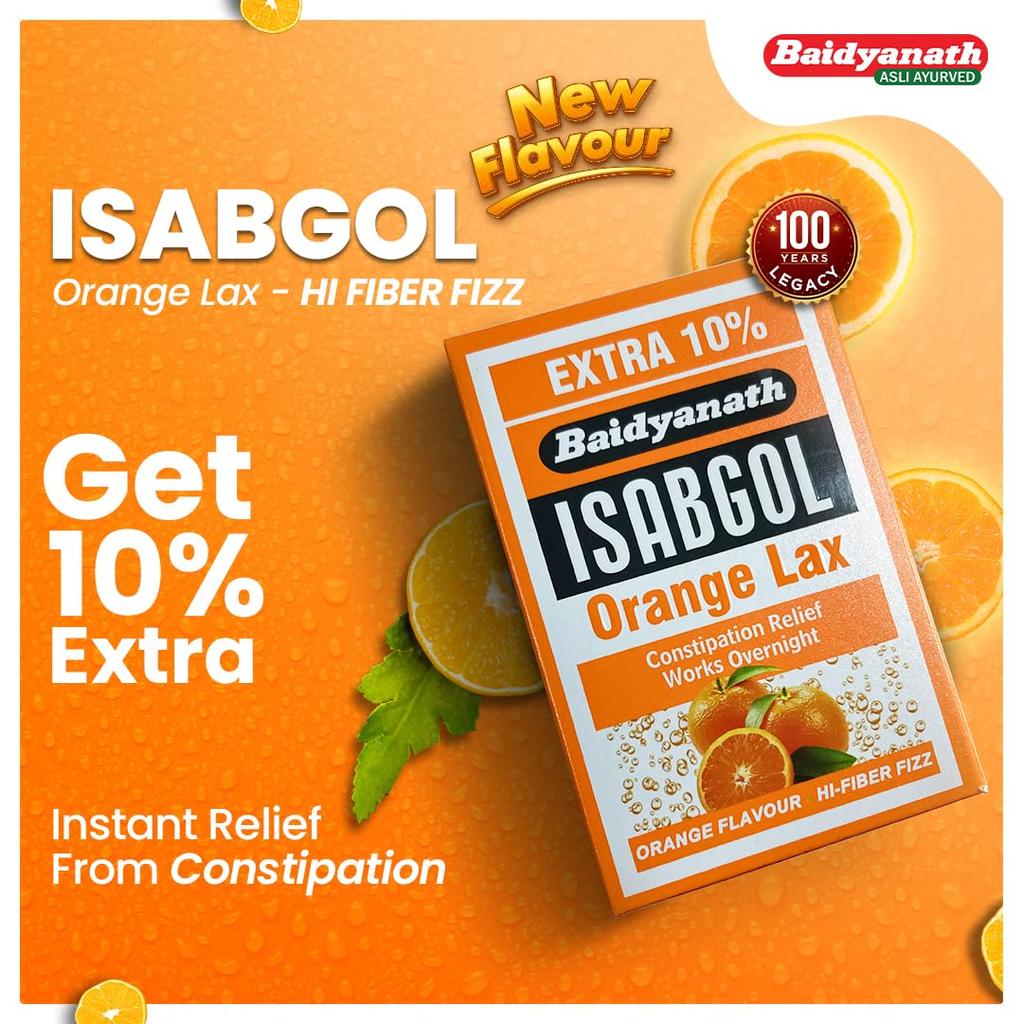 Baidyanath Isabgol Orange Lax Effervescent Husk Powder 110 G Pack of 3 for Gentle Digestive Support