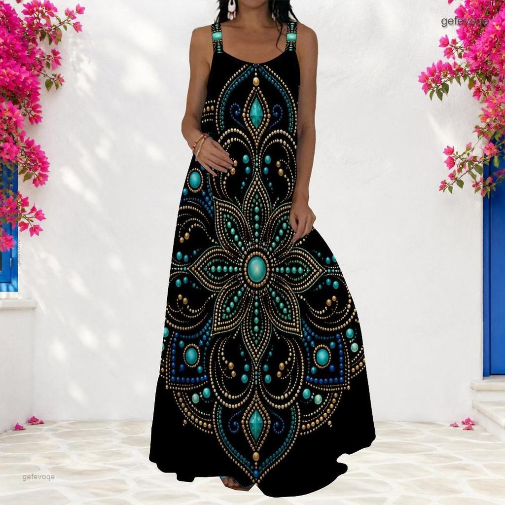 Women Plus Size Scoop Neck Strappy Sleeveless Black Printed A Line Maxi Dress