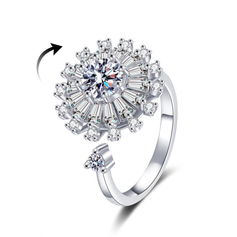 European & American Small Daisy Rotating Zirconia Ring - Cool, Versatile, Full Diamond Design for Women