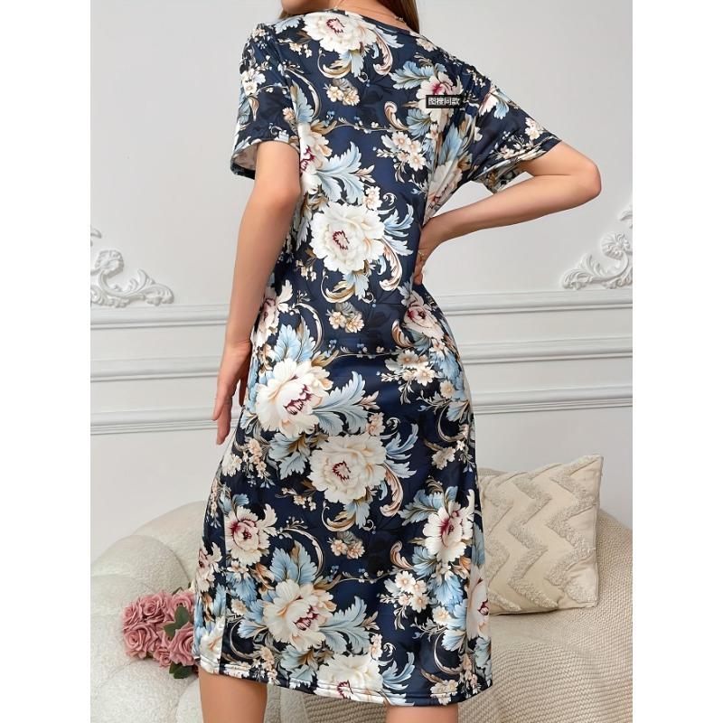 Большой размер, круглый вырез, короткий рукав, синий цвет с цветами абрикоса, домашняя одежда, ночная рубашка, платье, повседневный стиль, женская одежда с принтом