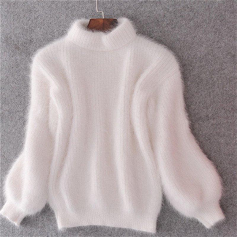 Korean Style Lantern Sleeve Mink Fur High Collar Pullover Sweater (2025)