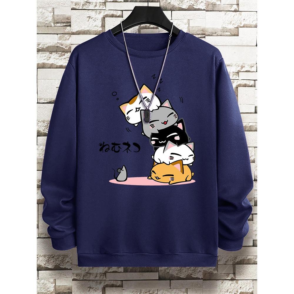 Милые кошки, одежда для сна, мужская толстовка с капюшоном и круглым вырезом, винтажные повседневные свободные толстовки с капюшоном, свободная одежда