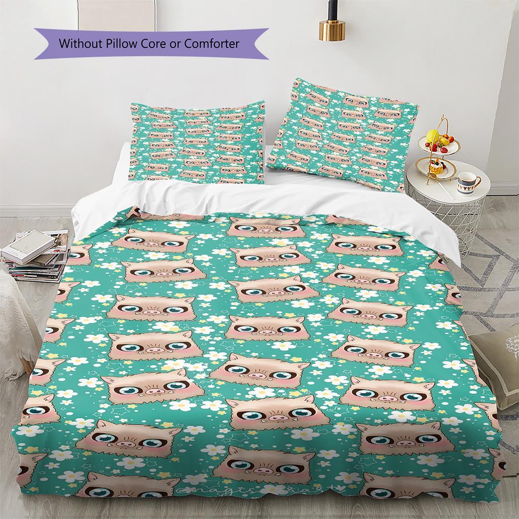 Demon Slayer Art Pattern Bedding Quilt Set Quilt Cover Pillowcase Home Birthday Gift(1 * duvet cover + 2 * pillowcase, without core)