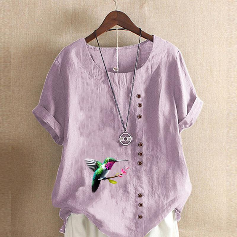 Women's Fashion Round Neck Short Sleeve T-shirt Casual Cotton Linen Graphic Shirt Bird Prined Summer Blouse Tops Plus Size