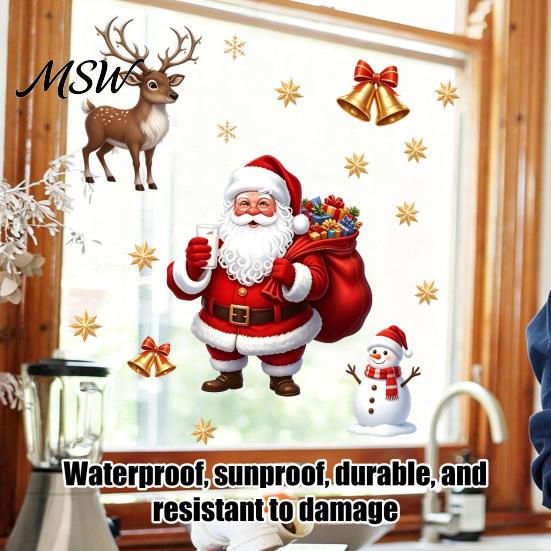 Christmas Party Supplies Window Static Clings, PVC Santa Claus Snowman And Elk Clings Decals, Waterproof Reusable Glass Stickers for Store Bathroom