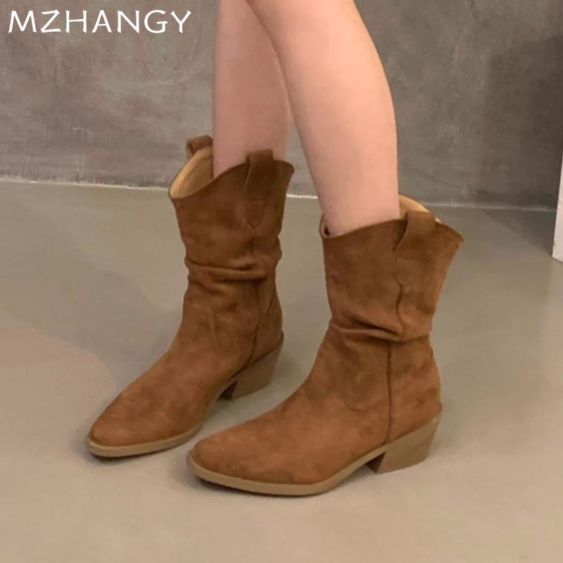 Fashion Women Suede Ankle Snow Boots Mid Heels Chunky Dress Fashion Warm Walking Boots Women 2024 Trend New Winter Designer Botas Mujer