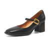 Cow Skin Fashion Summer Spring Autumn Thick High Heels Metal Buckle Women European Design Square Toe Pumps
