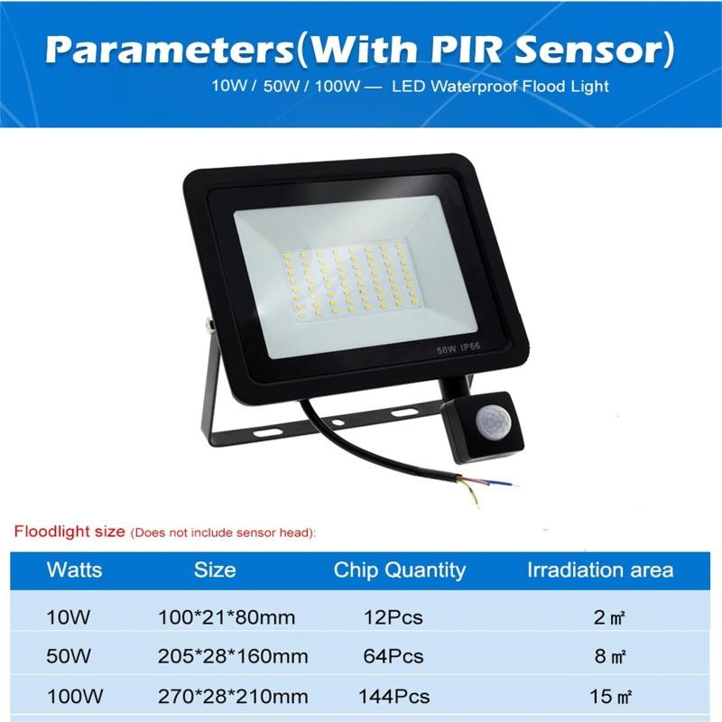 220 В 10 Вт/50 Вт/100 Вт светодиодный прожектор IP66 водонепроницаемый регулируемый датчик движения Pir наружное освещение прожектор