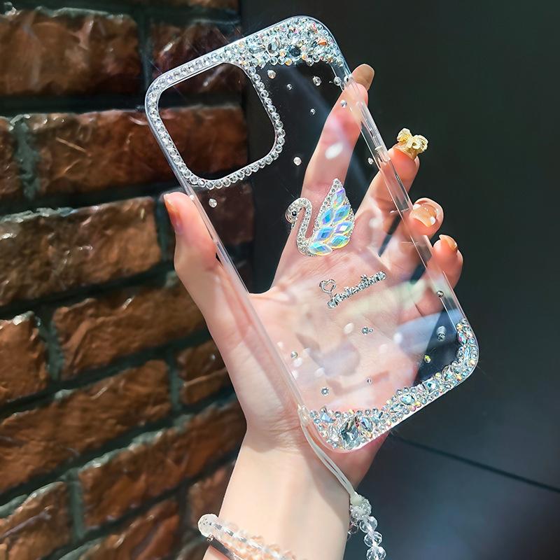 Светлая роскошь стразы лебедь для чехла на мобильный телефон iPhone17ProMax Apple 16 блестящий бриллиант 15 прозрачный 14 защитный чехол