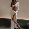 European & American Women's Summer Sexy Slim V-neck Drawstring Crop Top & High Slit Skirt Set