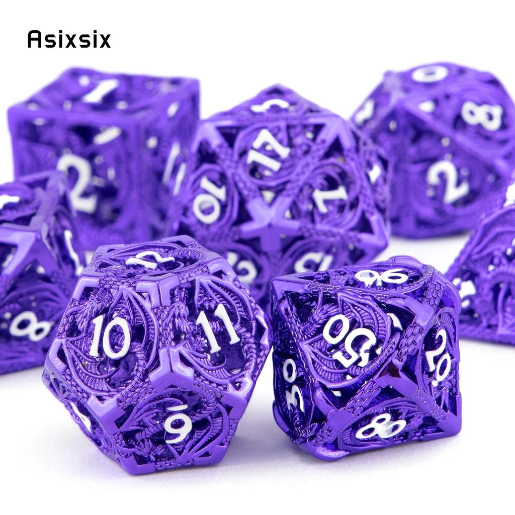 7 Pcs Purple White Dragon Metal Dice Hollow Metal Polyhedral Dice Set Suitable for Role-Playing RPG Board Game Card Game