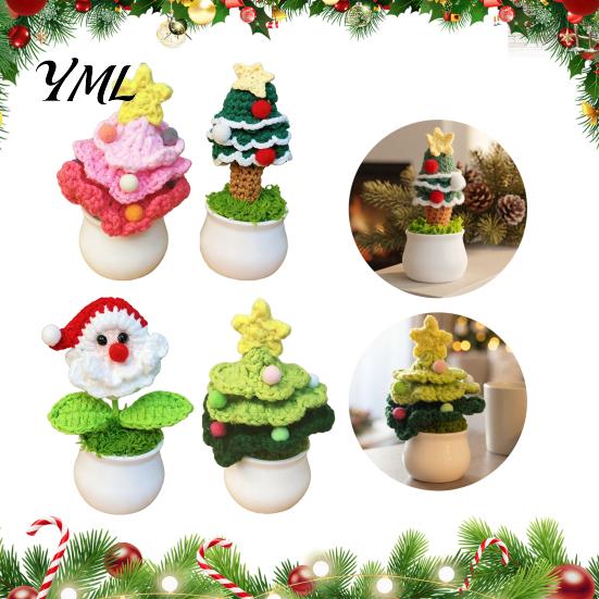 Christmas Atmosphere Home Decor Hand Crochet Potted Tree, Creative Knitted Plant, Mini Handcrafted Holiday Desktop Ornaments Cute Decorations,