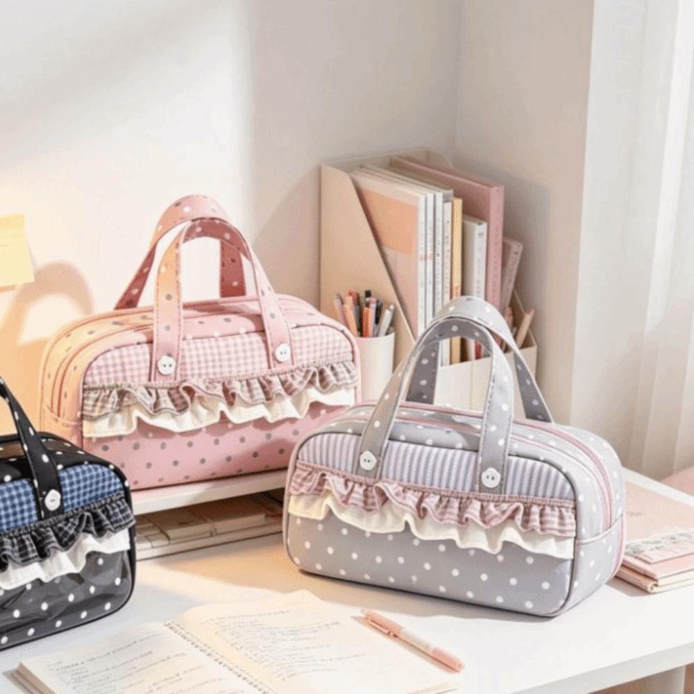 Plaid Polka Dot Lace Pencil Case Large Capacity Lace Stationery Bag Lace Pen Bag  Gift Giving
