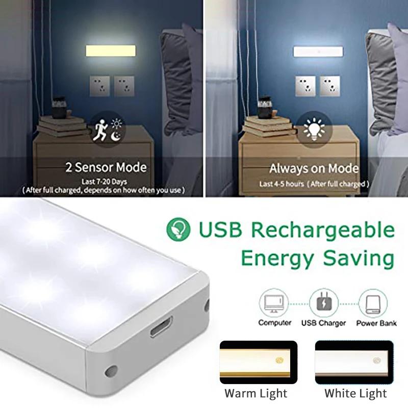 Светодиодная планка с датчиком движения, перезаряжаемая через USB, магнитный ночник для кухонного шкафа, прикроватной тумбочки, портативная сенсорная лампа