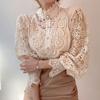 Women Stand Collar Lace Patchwork Shirts Casual Hollow Out Flower Petal Sleeve Button Tops White Shirts for Women