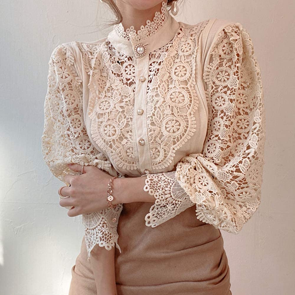 Women Stand Collar Lace Patchwork Shirts Casual Hollow Out Flower Petal Sleeve Button Tops White Shirts for Women
