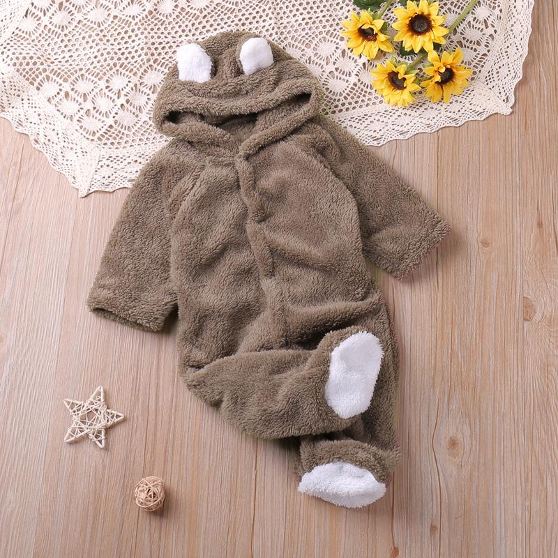 Baby Coral Fleece Hooded Long-Sleeve Warm Jumpsuit for Autumn/Winter
