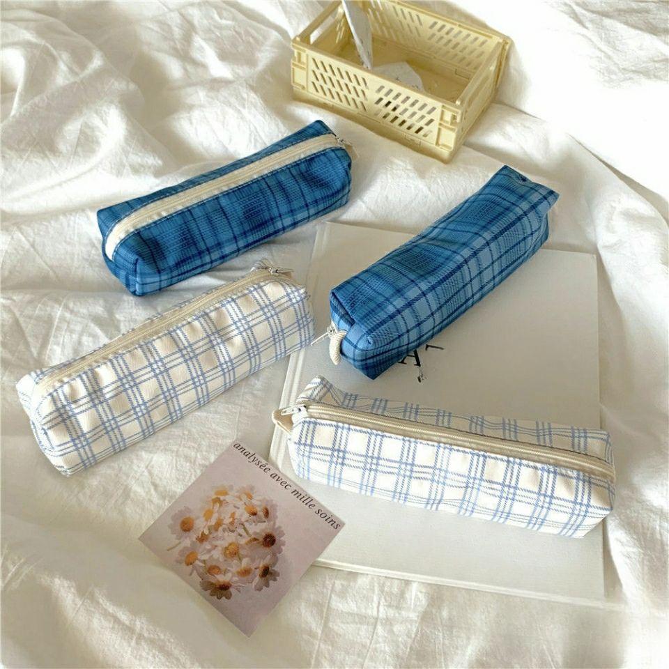 Blue and White Checkered Pencil Case Large Capacity Ins Pencil Case Canvas Retro Checkered Pencil Case Pencil Box Stationery Bag