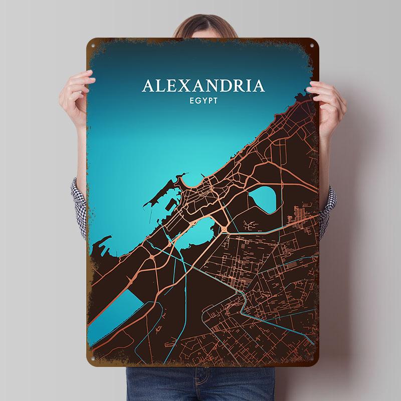 Alexandria City Map Printed Poster Customized Retro Wall Art Vintage Metal Tin Signs for Home Mancave Decoration Gaming House