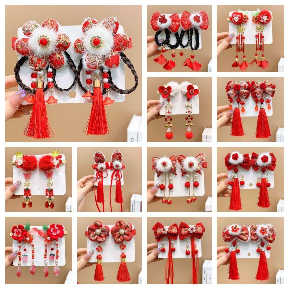 2pcs Tassel Children Hair Clips Chinese Style Red Bow Hairpin Hair Accessories Wig Braid Hairpin