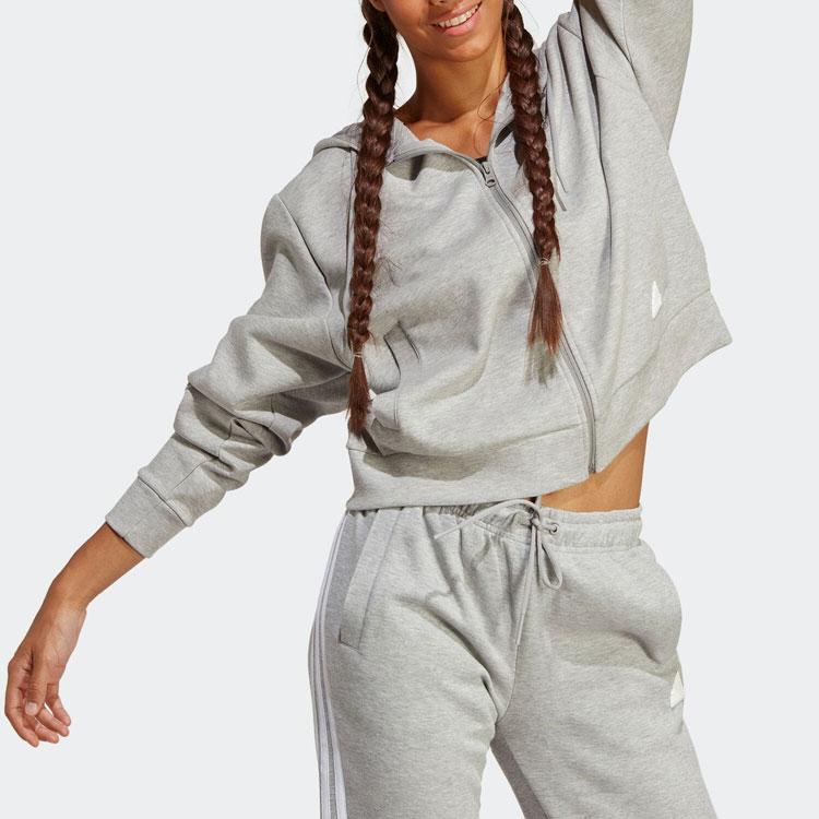 adidas Полосатая толстовка с капюшоном на молнии для женщин, серая IB8511
