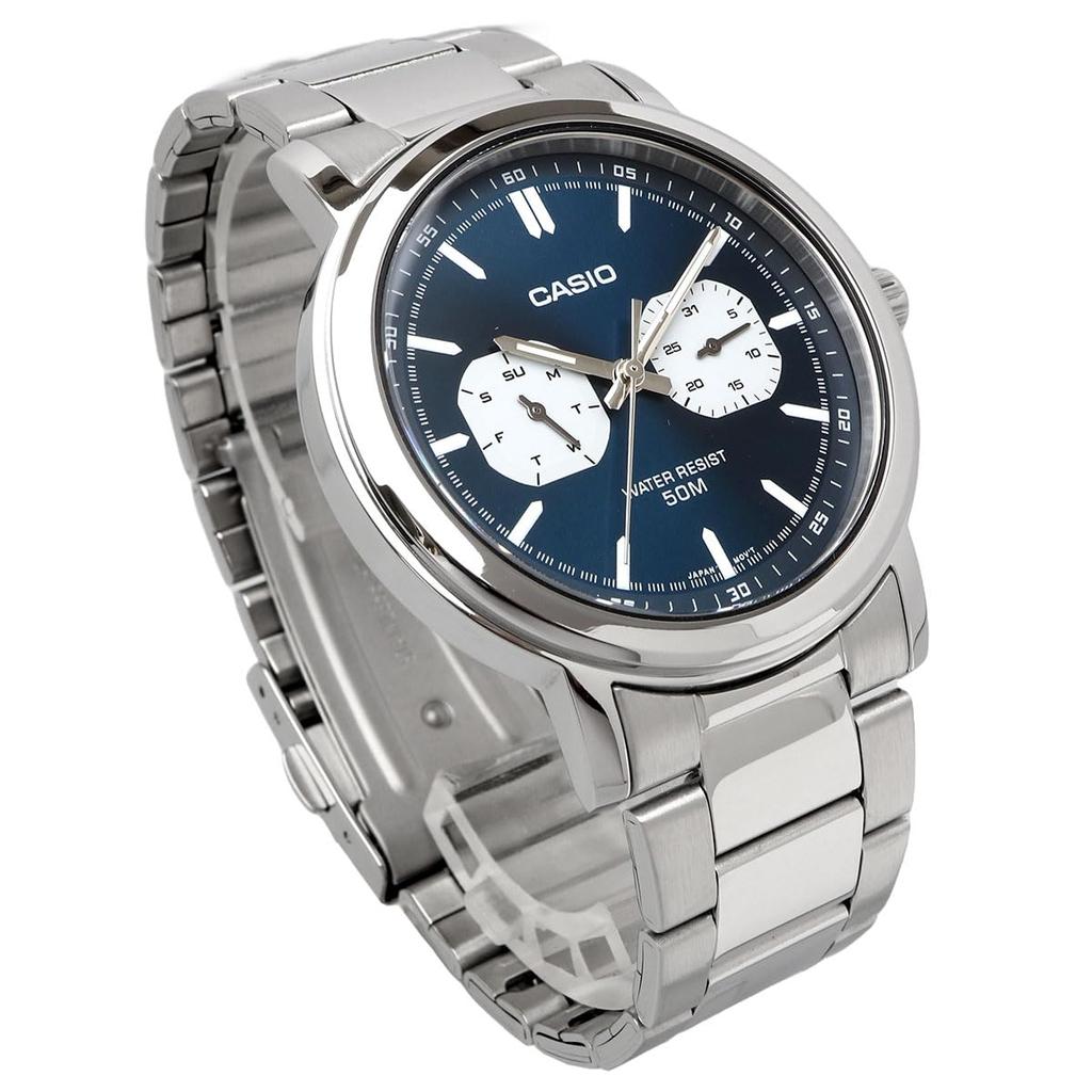 Casio Стандартные кварцевые мужские часы MTP-E335D-2E1V с мульти-календарем, серебристо-синие
