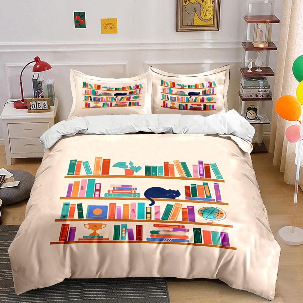 Bookshelves, cat, globe, trophy. Bedding sets Duvet cover sets Duvet covers Pillowcases(1*Duvet Cover 2*Pillowcases without duvet insert)